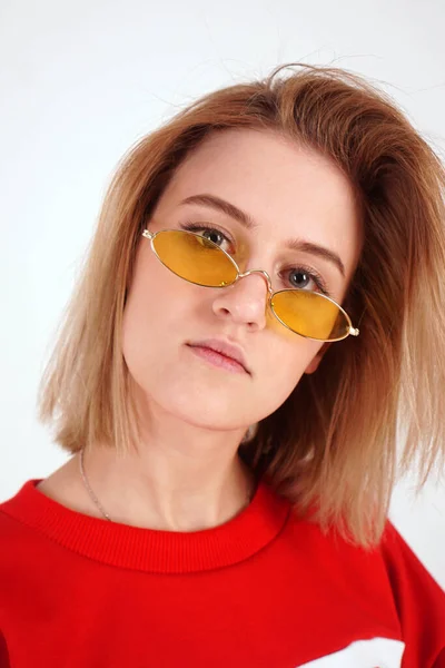 Vertical portrait - girl in yellow glasses — Stock Photo, Image