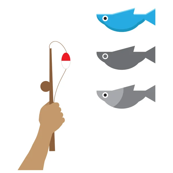 La mano del hombre sosteniendo una caña de pescar. vector imagen peces — Vector de stock