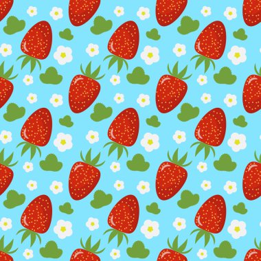 Çilek ile parlak Dikişsiz desen bırakır ve çiçekler. Turkuaz arka plan