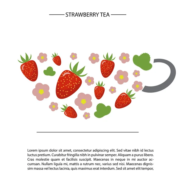 Strawberry and flowers in the form of a cup of tea. postcard or poster template — ストックベクタ