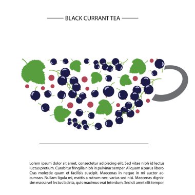 bir fincan çay şeklinde tasarlayın. Siyah frenk üzümü ve yaprakları. kart şablonu