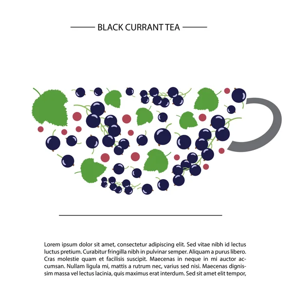 Bir fincan çay şeklinde tasarlayın. Siyah frenk üzümü ve yaprakları. kart şablonu — Stok Vektör