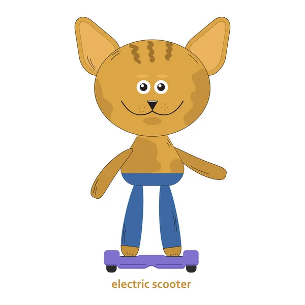 Desenho animado gato laranja montando em uma scooter elétrica — Vetor de Stock