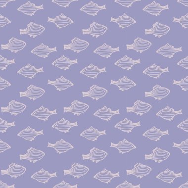 seamless modeli ile dizili balıkçı. el balıklar çekilmiş. Lila arka plan