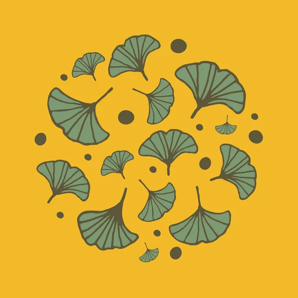 Design in circle with leaves of ginkgo. Bright yellow background — Stock Vector