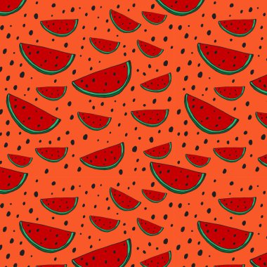 Karpuz ile Seamless modeli. bir kesik çizilmiş karpuz ver. Turuncu arka plan