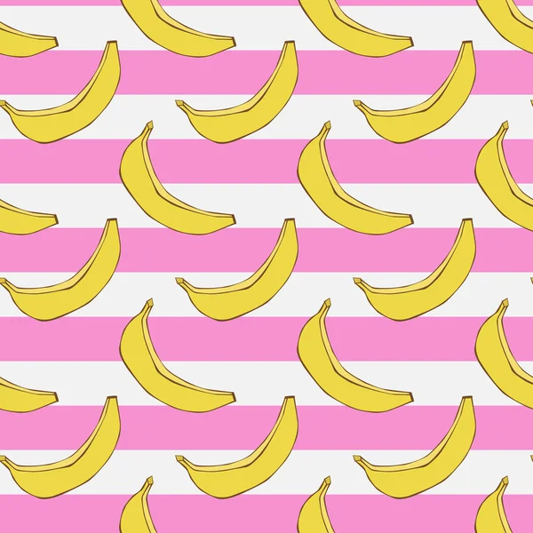 手描きバナナのシームレスなパターン。白とピンクのストライプでストライプの背景 — ストックベクタ