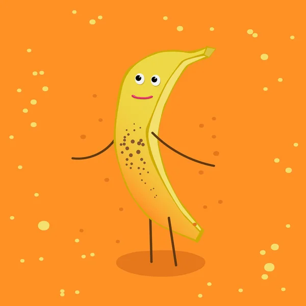 Banana cartone animato con occhi su uno sfondo arancione — Vettoriale Stock