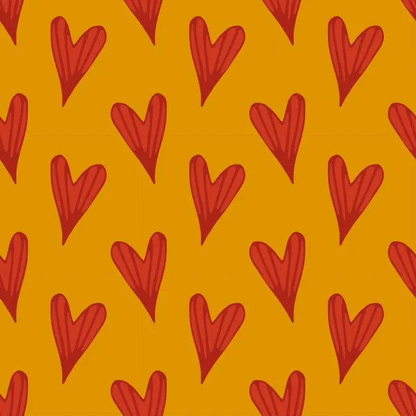 Motif sans couture avec coeur rayé dessiné à la main. fond orange — Image vectorielle