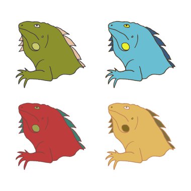 dört elle çizilmiş Iguanas değişik renk. Beyaz arka plan