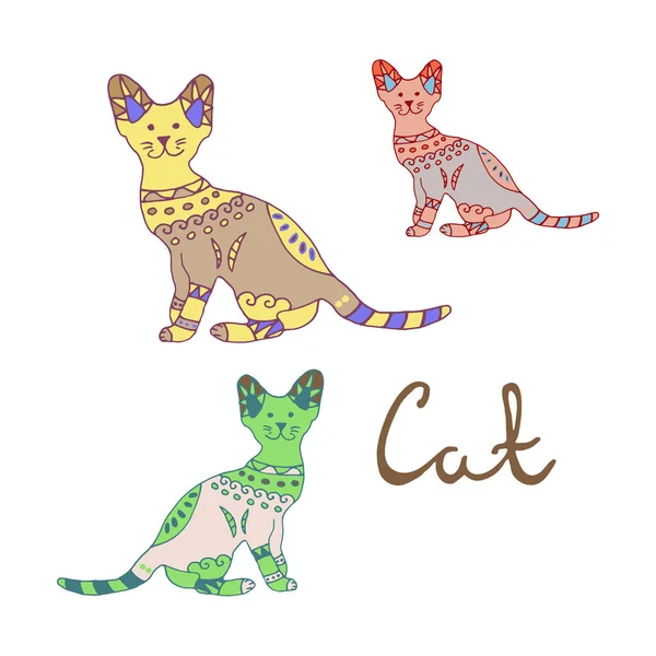 Seekor kucing dengan ornamen. empat varian warna yang berbeda. Kucing prasasti. huruf digambar dengan tangan - Stok Vektor