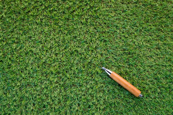 sharp pencil on green grass background