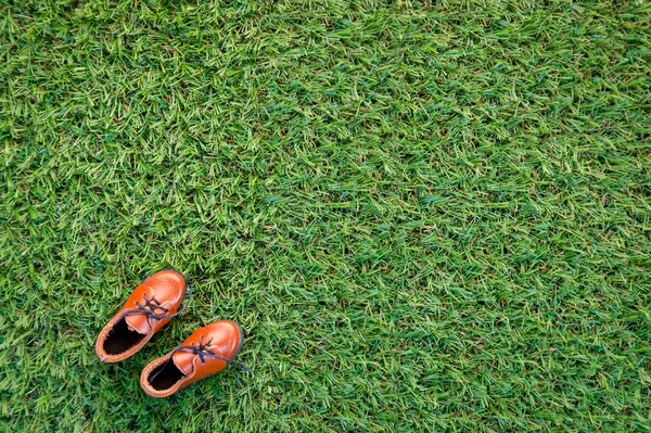 Scarpa in pelle giocattolo sul campo di erba — Foto Stock