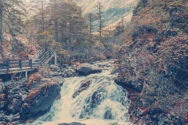 waterfall in forest with small bridge raining autumn season chin