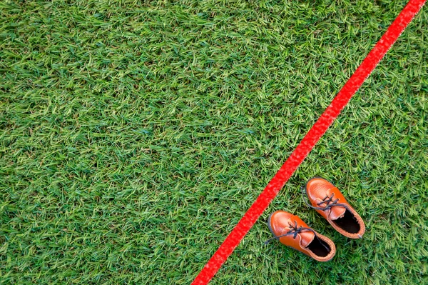 shoe with red line drawing on grass floor