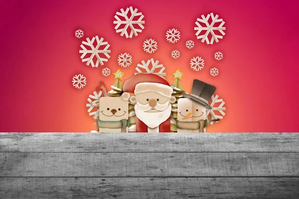 Wenskaart, Kerstkaart met Santa Claus, herten en sneeuwpop — Stockfoto