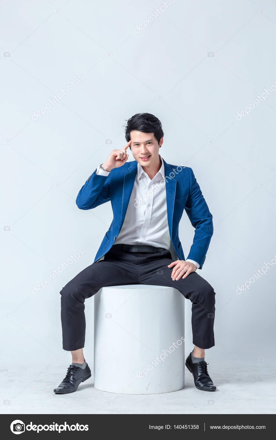Asian Smart Handsome Man White Shirt Black Pant Studio Photo