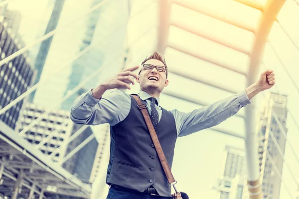 Successful Businessman Arms Celebrating His Victory — Stock Photo, Image