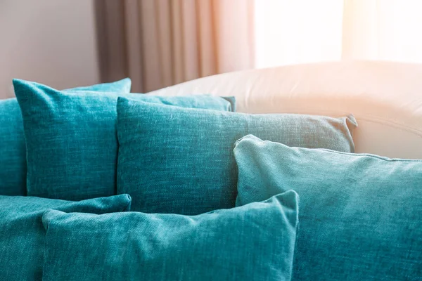 contemporary interior of Living room with part of sofa in sunny day and white curtain interior background concept