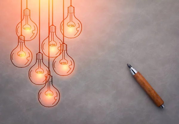 Wooden Pencil Drawing Glowing Light Bulb — Stock Photo, Image