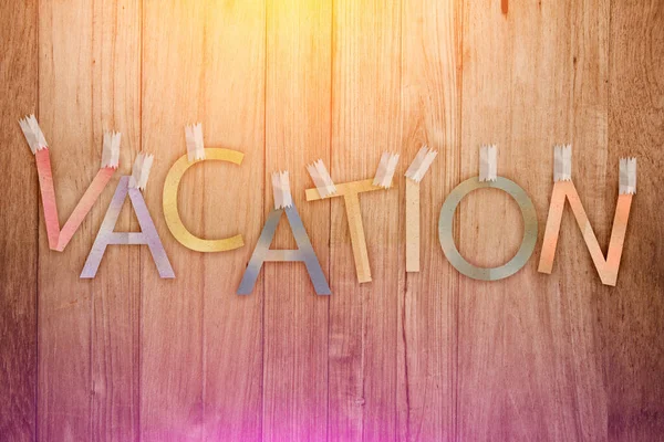 Vacation Text Paper Cut Stick Wood Plank Background — Stock Photo, Image