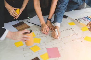 Yaratıcılık, konferans odasının arka planında iş bölümü toplantı atölyesi ile fikir üretme kavramı