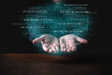ai büyük veri fikirleri konsepti iş adamı el teknolojisi hologramı elinde karanlık kara zemin