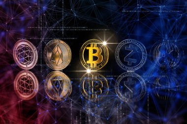 Kripto para birimi iş stratejisi fikirleri kavramı yansıma katının koyu renk tonunda bozuk para gibidir.