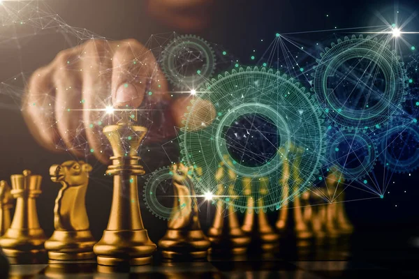 İş adamı el kontrolü satranç fütüristik iş stratejisi fikirleri retro imaj tonu kavramını yönet