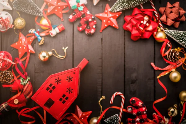 Fundo Celebração Festiva Com Itens Decoração Natal Chão Madeira Vintage — Fotografia de Stock