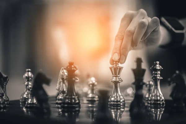 Businessman Hand Control Chess Play Figure Business Strategy Manage Ideas — Stock Photo, Image