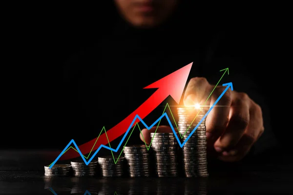 Business Financiële Ideeën Concept Geld Munt Trap Stapel Met Zakenman — Stockfoto