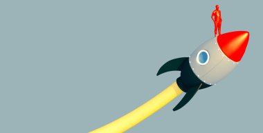 3d iş metaforu İlerleme ve kırmızı roket fırlatma ile yenilik teknolojisi başarılı iş liderliği motivasyon kavramı.