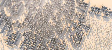 Kalabalık çokgen peolün 3 boyutlu görüntüleme problemi çözümleri kavramı beyaz zemin renk tonunda beyaz duvar labirentinden ışık yansıması ile çıkış yolunu bulun