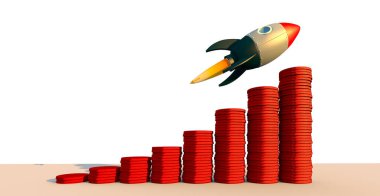 3D illüstrasyon iş metaforu Kırmızı para yığını büyümesi üzerine kırmızı roket fırlatma ile ilerleme ve yenilik teknolojisi Liderlik motivasyon kavramı başarılı.