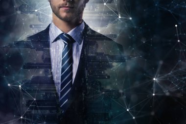 akıllı iş adamı modern şehir ve çokgen grafik yaratıcılık iletişim fikirleri kavramı ile çifte pozlama