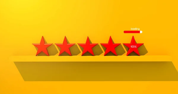 3D illustration 5 wooden block  red star for successful best exellent performance service customer relation satisfaction loading on yellow paper background