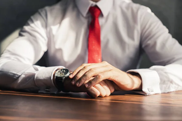 Close Businessman White Shirt Red Necktie Sit Ready Work Hand — Stock Photo, Image