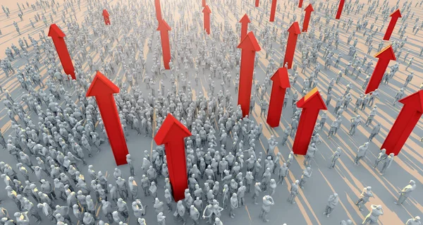 success goal achievement business ideas concept 3d rendering crowd low polygon people with red growth arrow direction rise up paradigm shift  mind set change to success