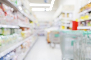 Süpermarket arka planında ürün raf gösteriminin soyut bulanık resim arkaplanı