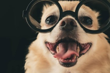 Şirin kahverengi chihuahua köpeği siyah gözlük takıyor ve siyah arka planda inek kravat takıyor.