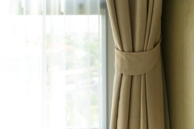 yumuşak kahverengi perde Pencere yatak odası arka planından sabah ışığı