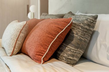 Çağdaş yatak odası tasarım konseptiyle beyaz rahat yataklı güzel yumuşak yastık ve battaniye.