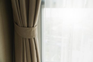 yumuşak kahverengi perde Pencere yatak odası arka planından sabah ışığı