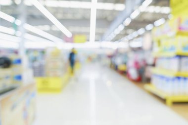 Süpermarket arka planında ürün raf gösteriminin soyut bulanık resim arkaplanı