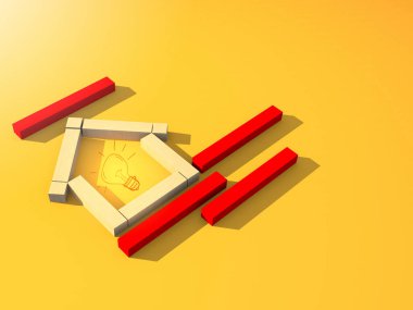 3D illüstrasyon evi kavramı, içinde sarı kağıt arka planda parlayan ampul bulunan ahşap blok şeklindeki ev sembolü.