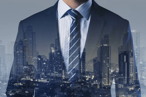 Double Exposure Businessman Formal Suit Downtoen Modern Building City Smart — Stock Photo, Image