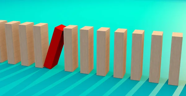3D illustration business insurance ideas concept wooden block array on row with red one fall down and lean to anothor block green color background