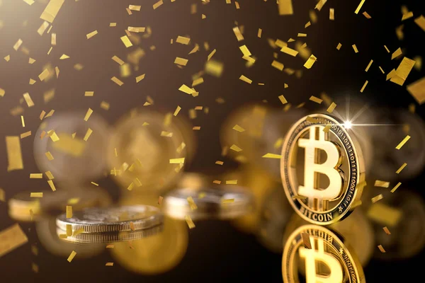 Birincilik ödülü zinciri kripto para birimi iş stratejisi kavramı yansıma zemininde bozuk para, koyu renk tonu ve zafer konfeti kağıt çekimini kutluyor.