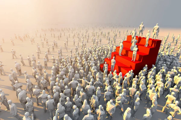 successful leadership ideas concept with 3d rendering of crowd polygon people try to reach top of red stair white floor .successful business ideas concept white polygon people reach top of red stair